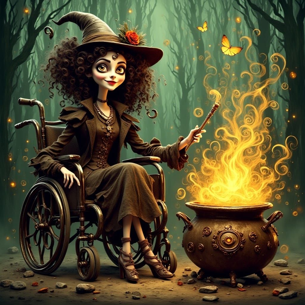 A beautiful brunette witch with glasses sitting in a wheelch...
