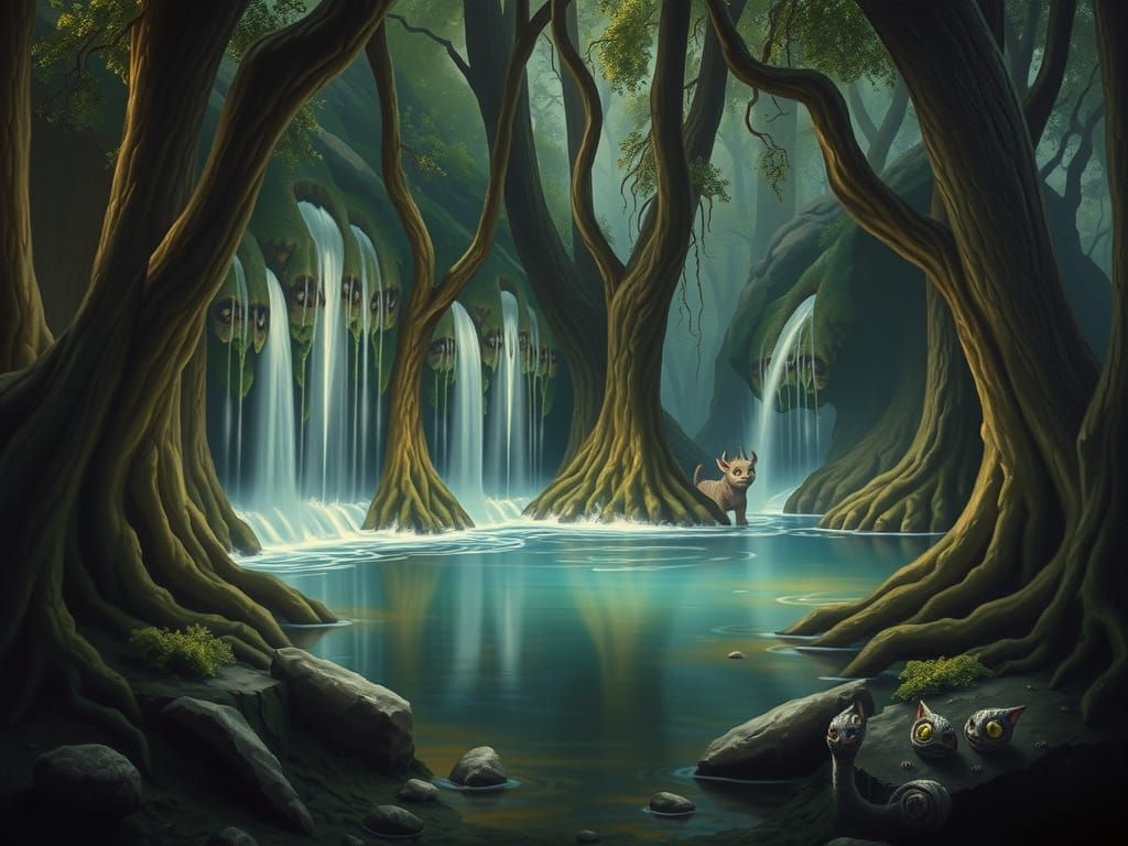 Enchanted Forest with Waterfall Trees and Mythological Creat...