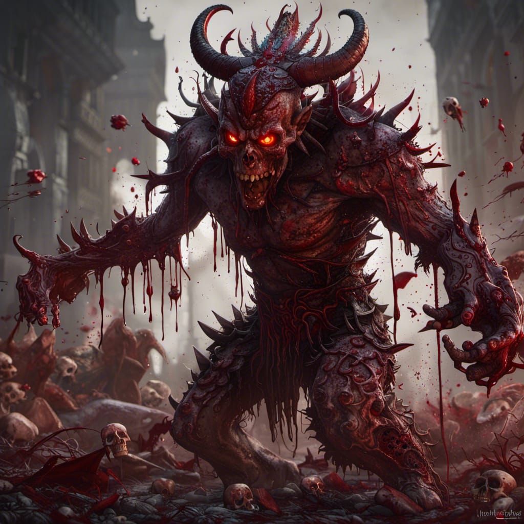 Bloody Demon with Skulls: Fantasy Concept Art