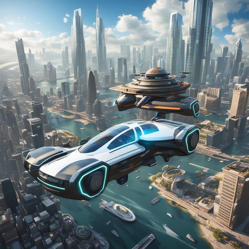 Futuristic Flying Car Over Future City