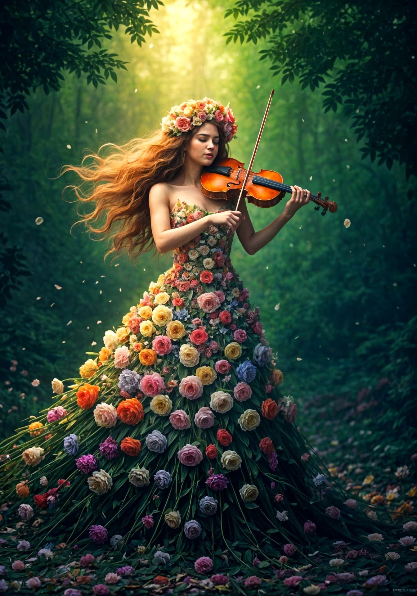 Enchanted Violinist in a Whimsical Floral Wonderland