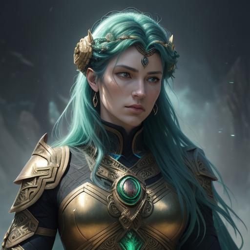Celtic Warrior Portrait with Emerald and Gold Armor