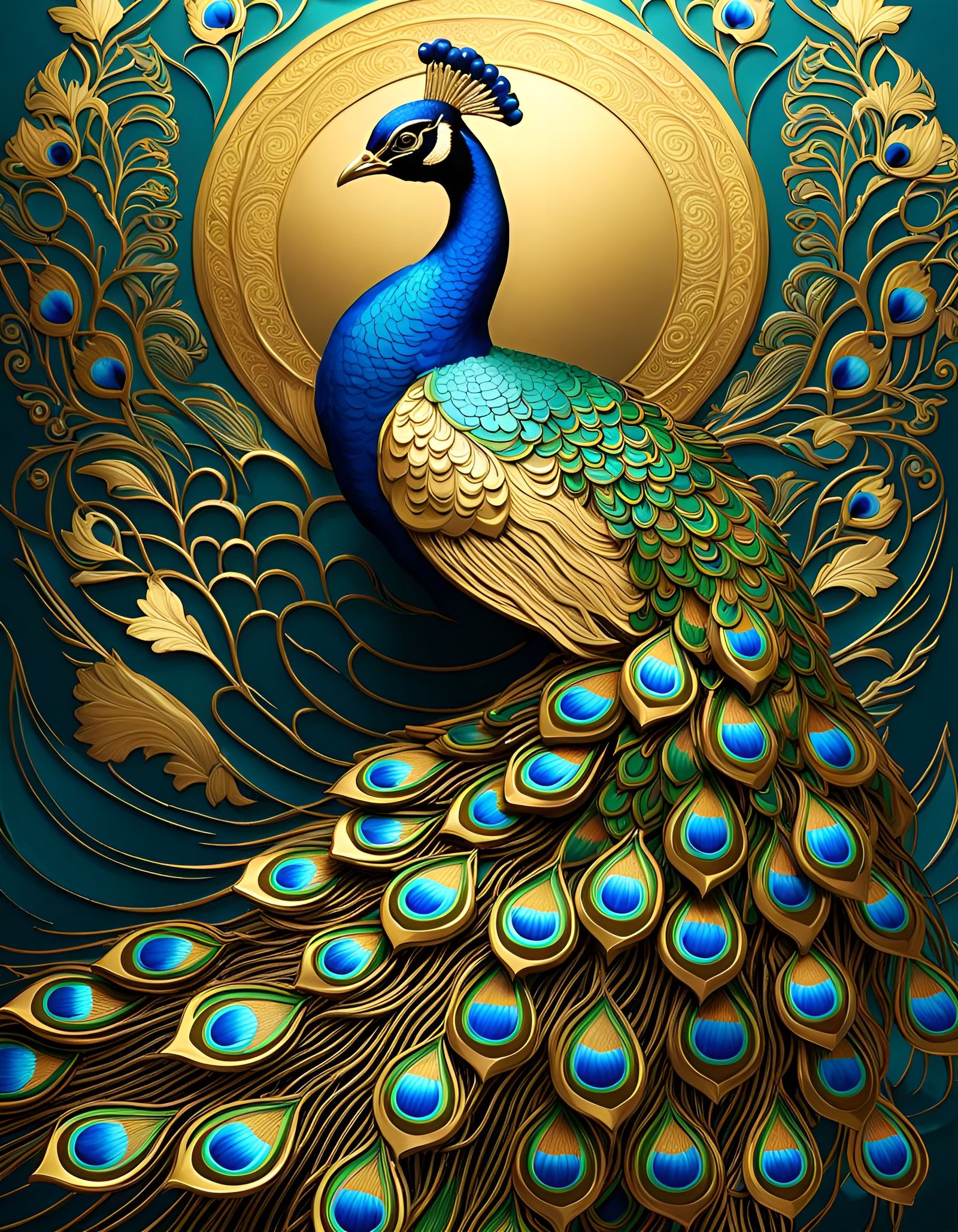 Peacock with Golden Details in Cloisonné Style
