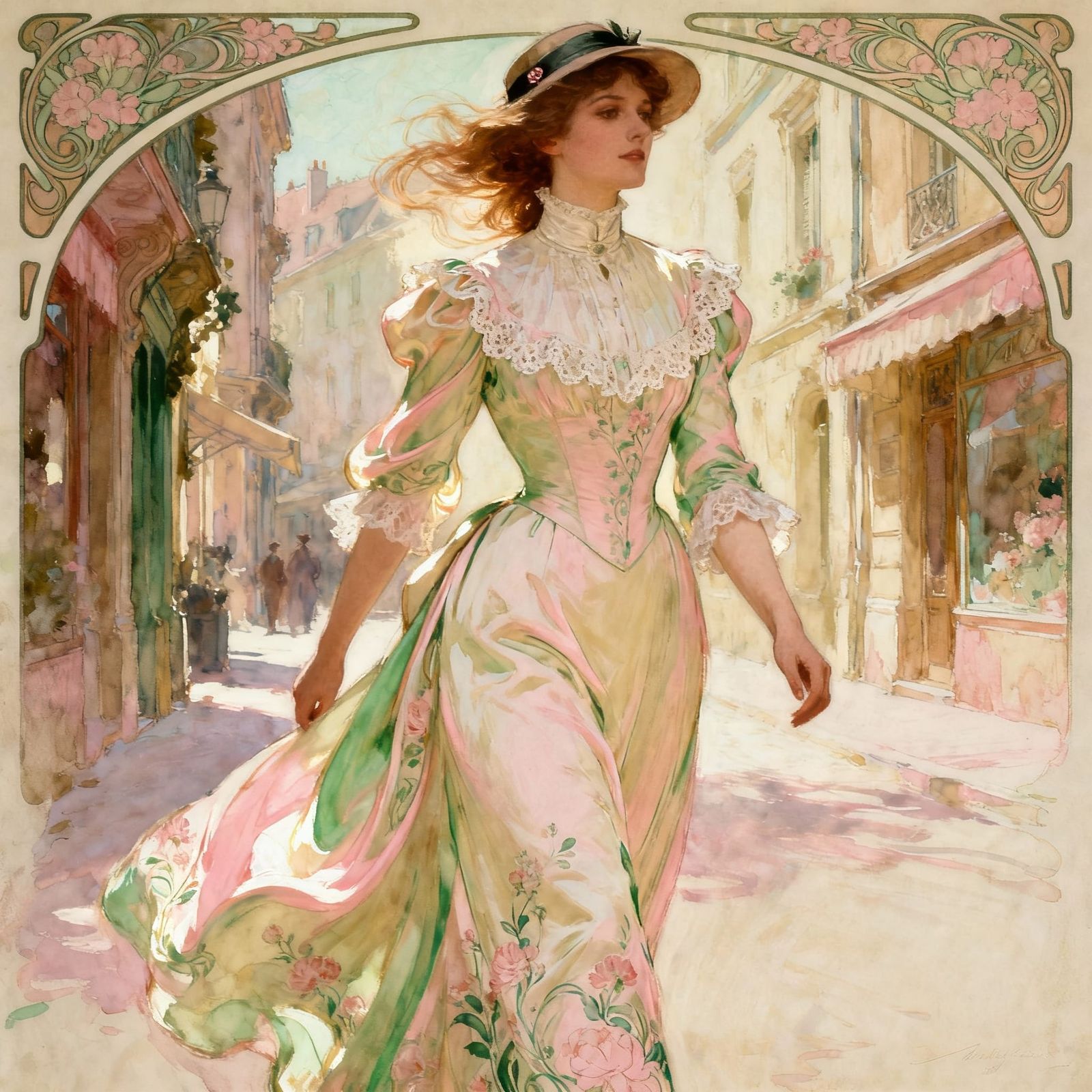Art Nouveau Belle Epoque Woman in Town Walking Dress