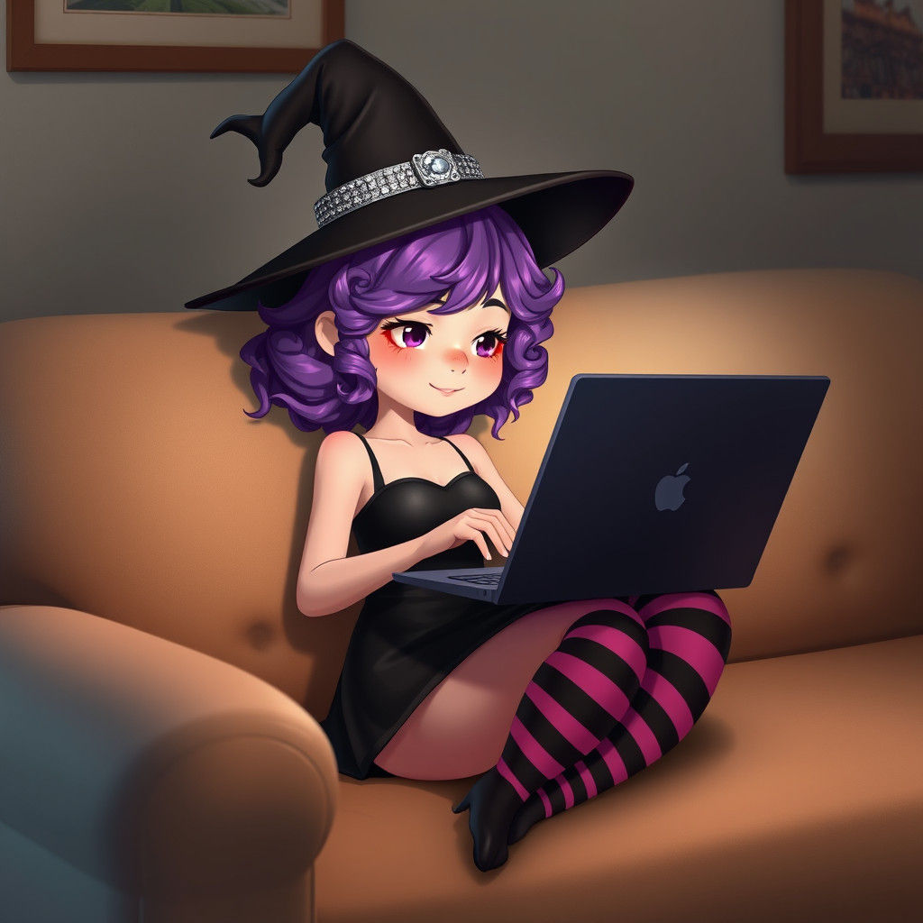 Cute Anime Witch Works Magic on Laptop