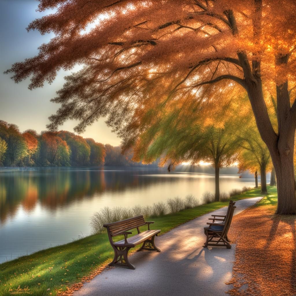 Calming Lakeside Park Scene in Hyperrealistic Style