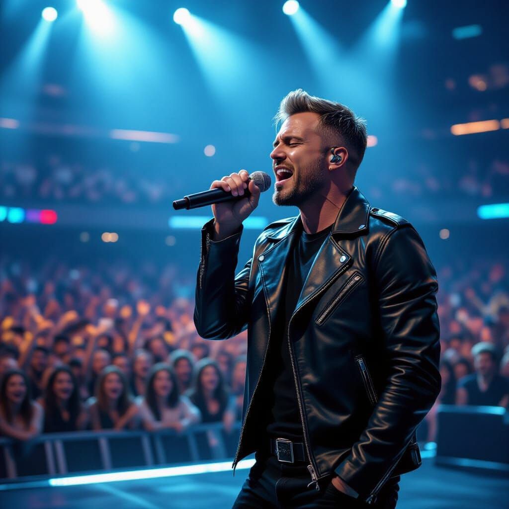 Futuristic Singer on Stage with Massive Crowd