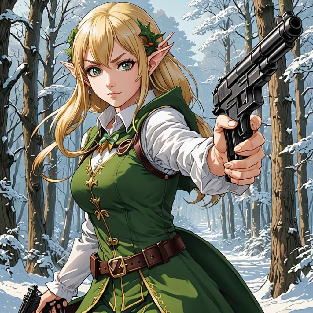 Female Elf Points Gun in Anime Manga Style
