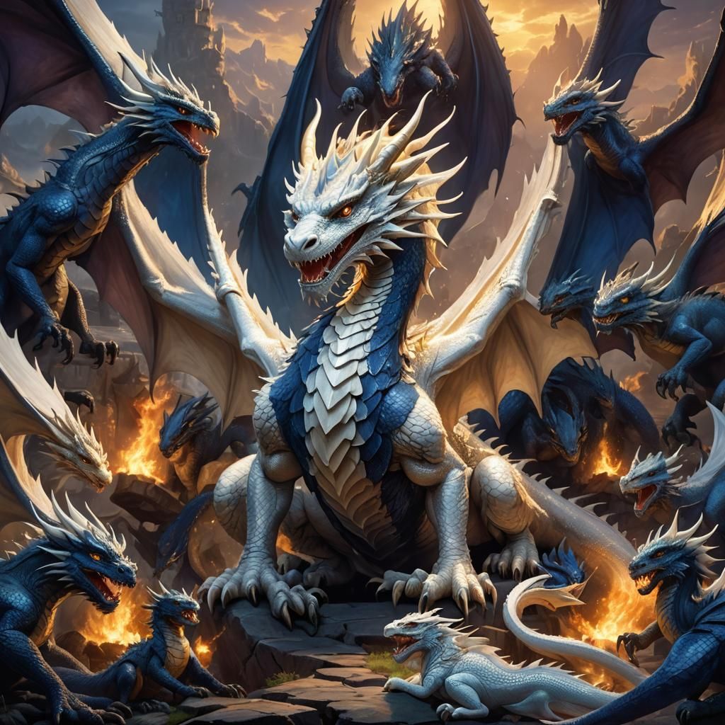 Regal White Dragon Queen in Twilight Fantasy Art