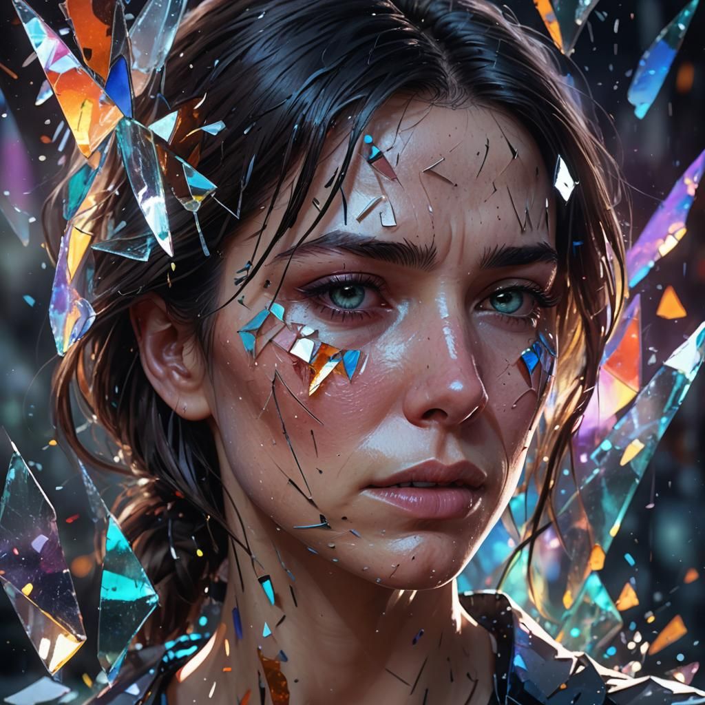 Weeping Woman Portrait in Broken Glass, Digital Art