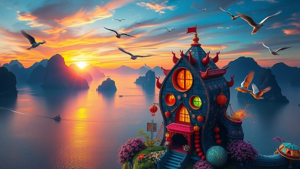 Surreal Ha Long Bay Dreamscape with Chockablock House in Vib...