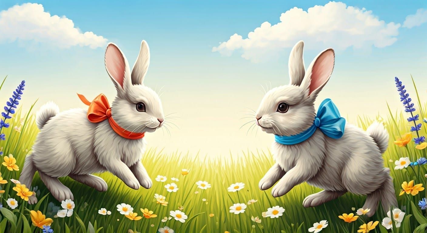 Whimsical Easter Bunnies in a Lush Watercolor Meadow