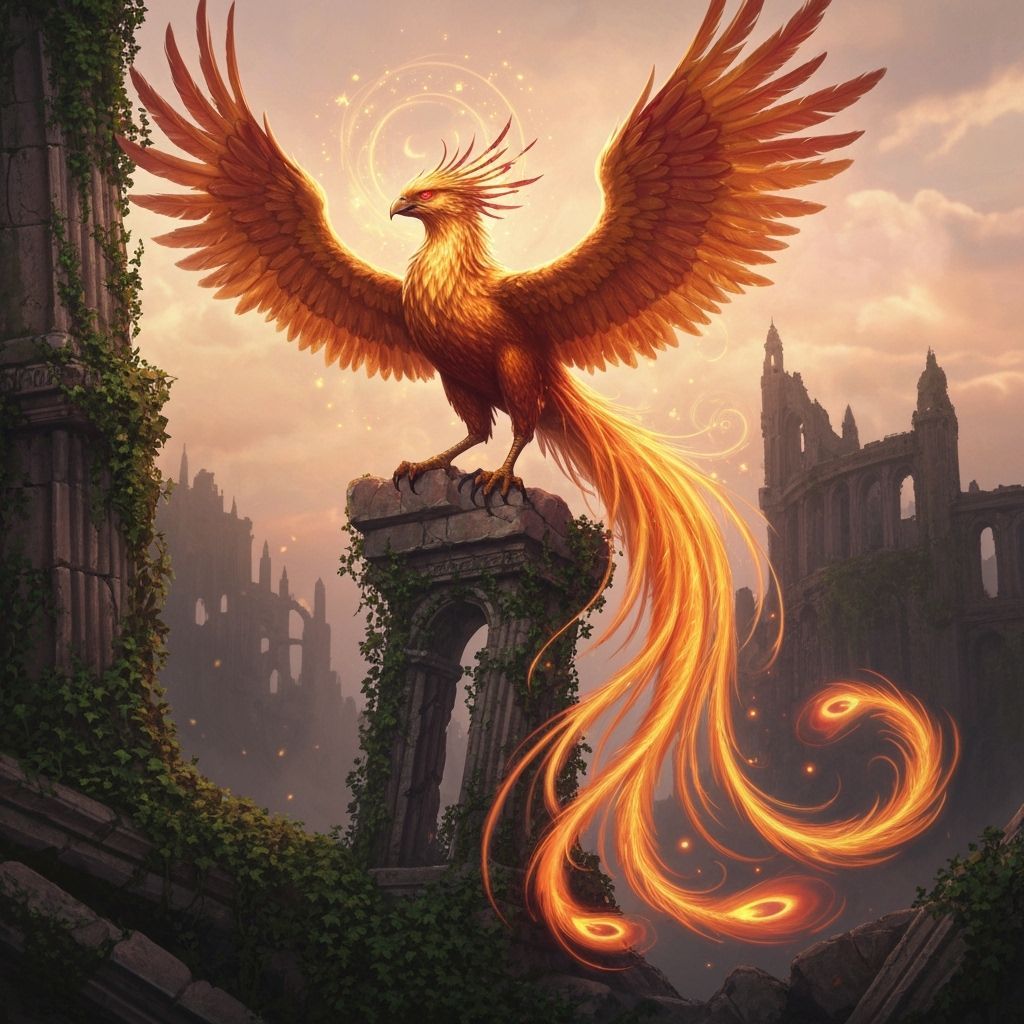 Golden Phoenix on Ancient Ruins