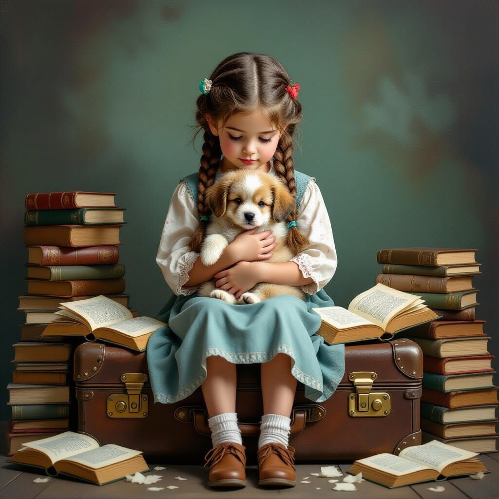 A young girl with braids sits on a suitcase, holding a small...