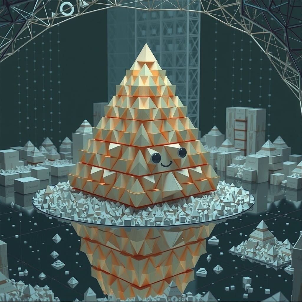Giant Cardboard Pyramid with Happy Smile, Hyperrealistic CGI...