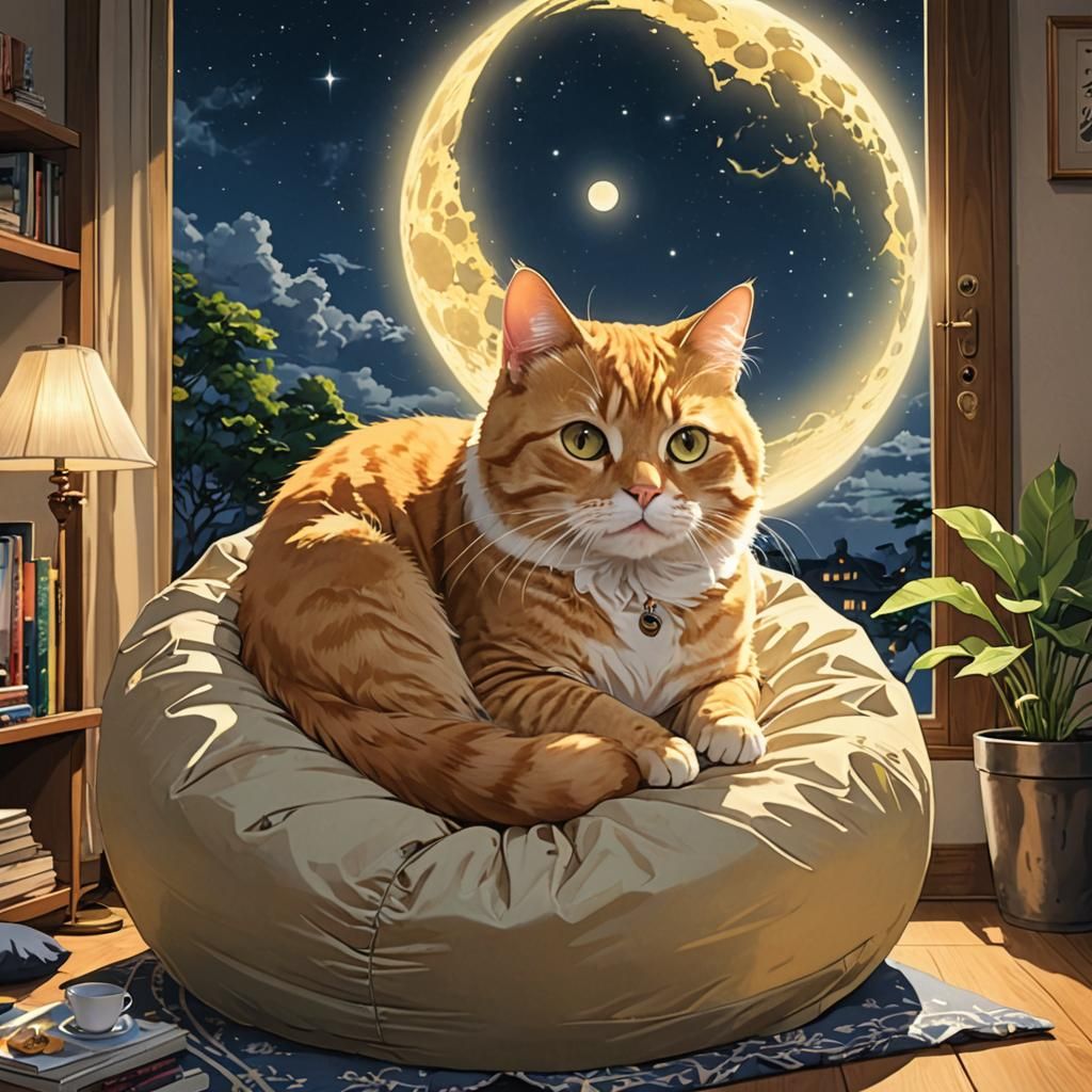 Cozy Yellow Cat in Anime Style Living Room