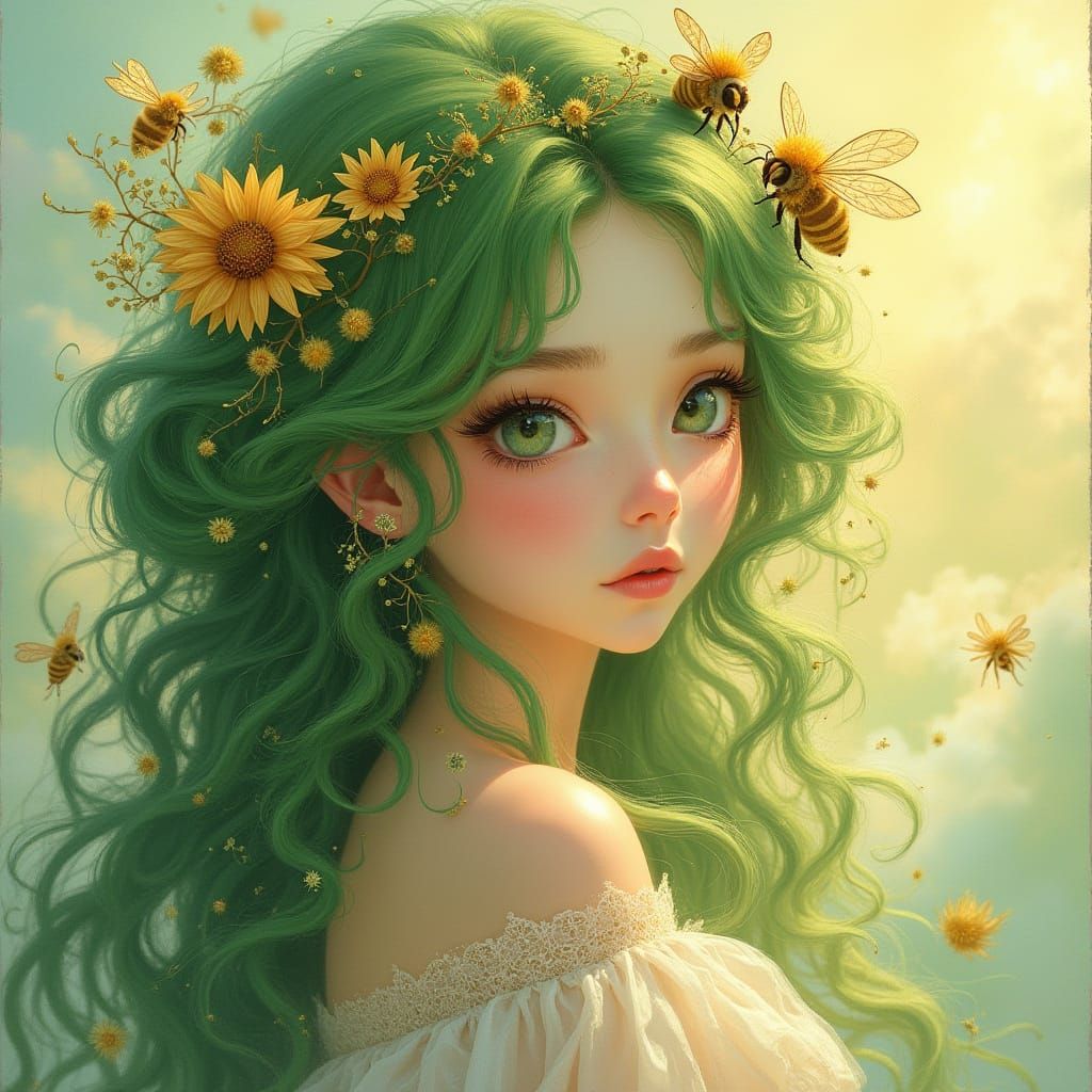 Whimsical Fantasy Woman with Golden Bees and Vines