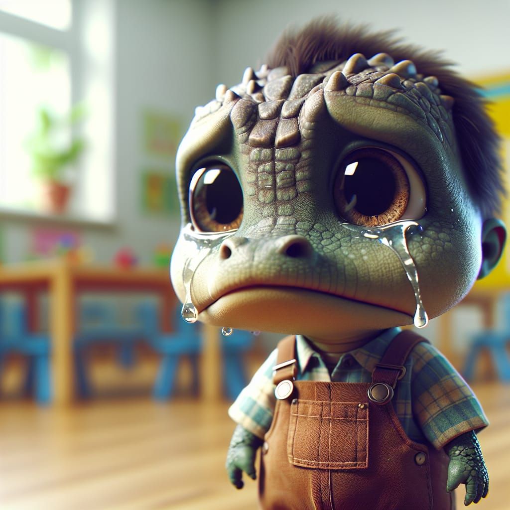 Anthropomorphic Crocodile Child Crying in Kindergarten