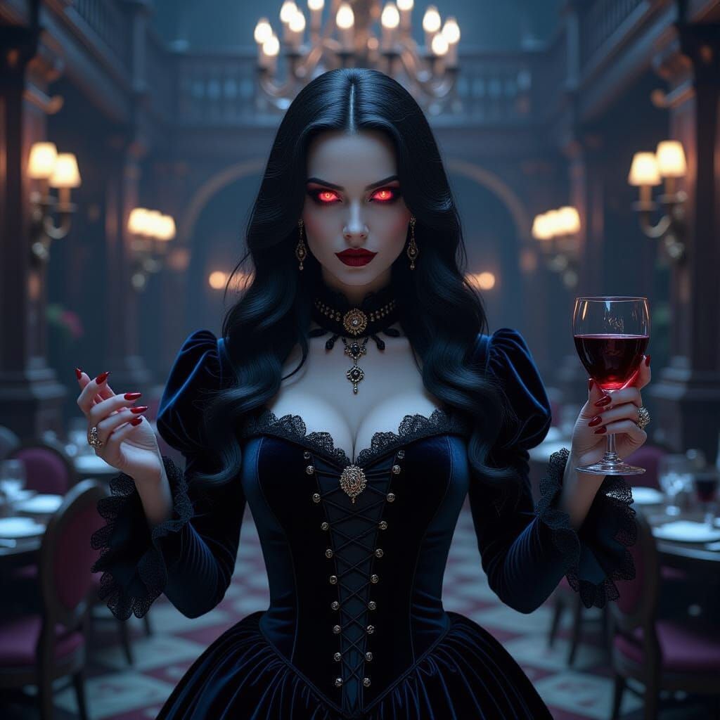 Victorian Vampire Holding Wine Chalice in Grand Dining Hall