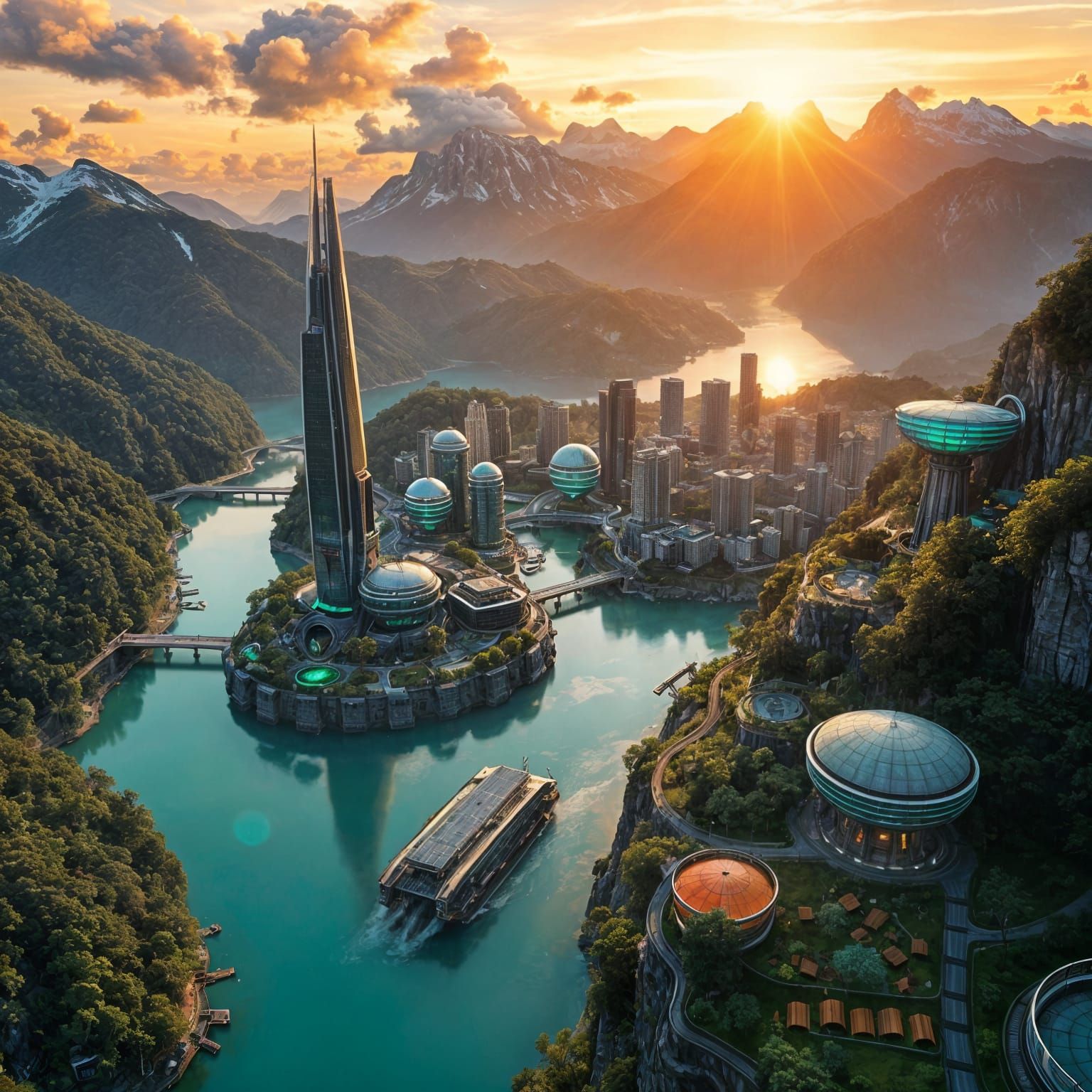 Futuristic Metropolis Blends Technology and Nature at Sunset