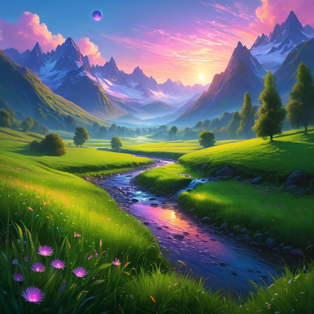 Lush Valley Stream in Surreal Fantasy Landscape