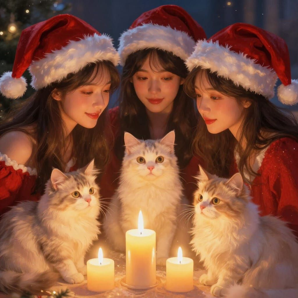 Unrealistically beautiful women with Santa hats, cats & candles