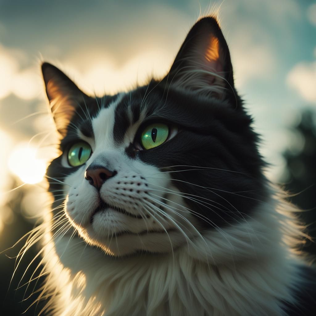 Fluffy Cat with Green Eyes in Golden Light