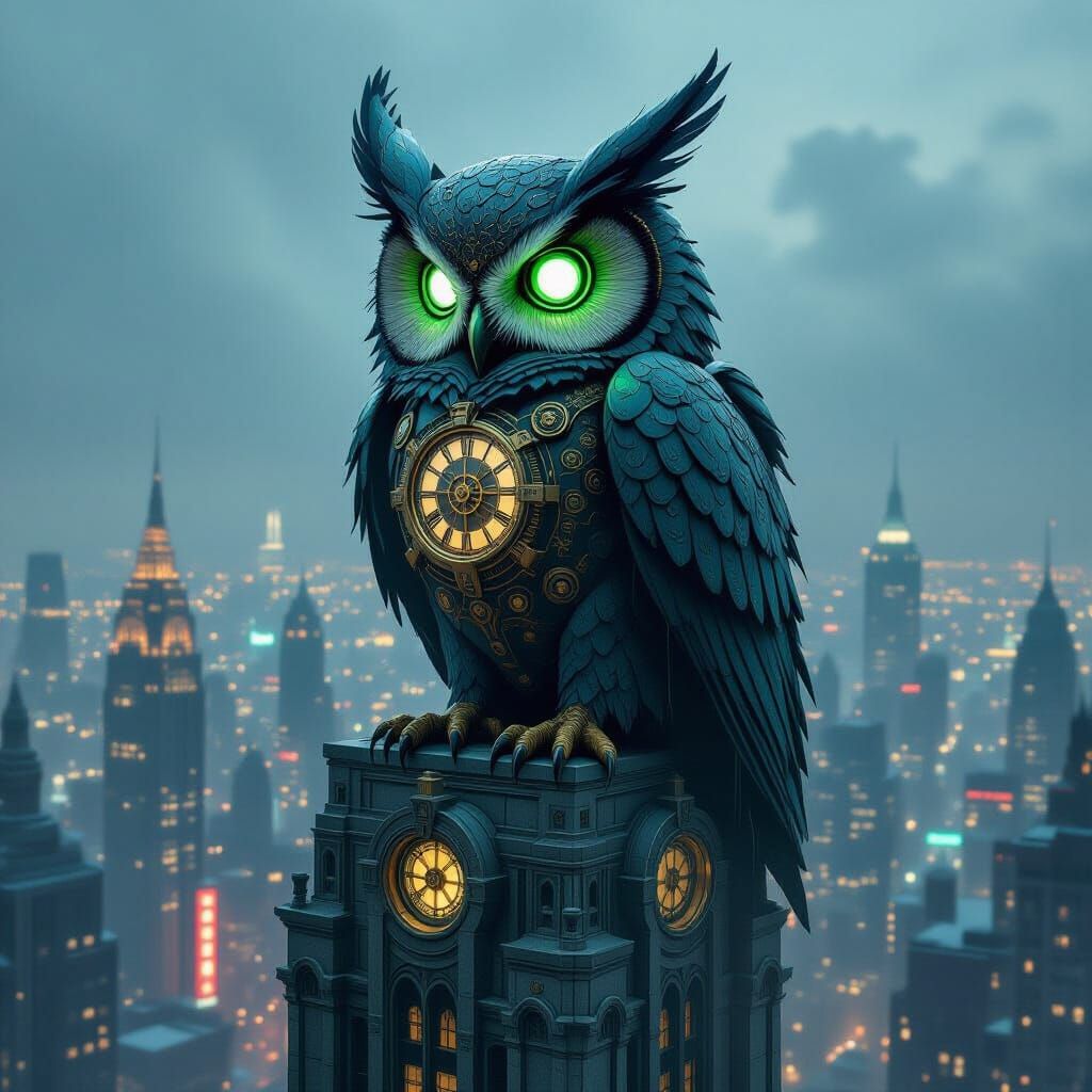 Clockwork Owl Gargoyle on Art Deco Skyscraper