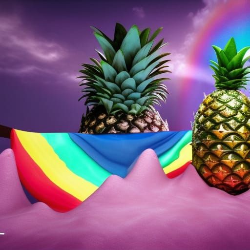 Fantastical 3D Pineapple Balloon in Rainbow Clouds
