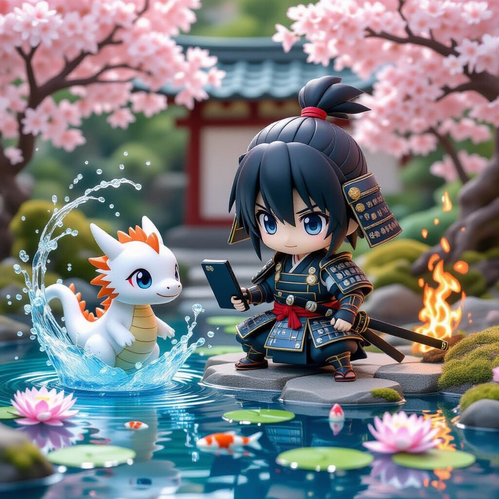 Chibi Samurai with Dragon Emerging from Smartphone