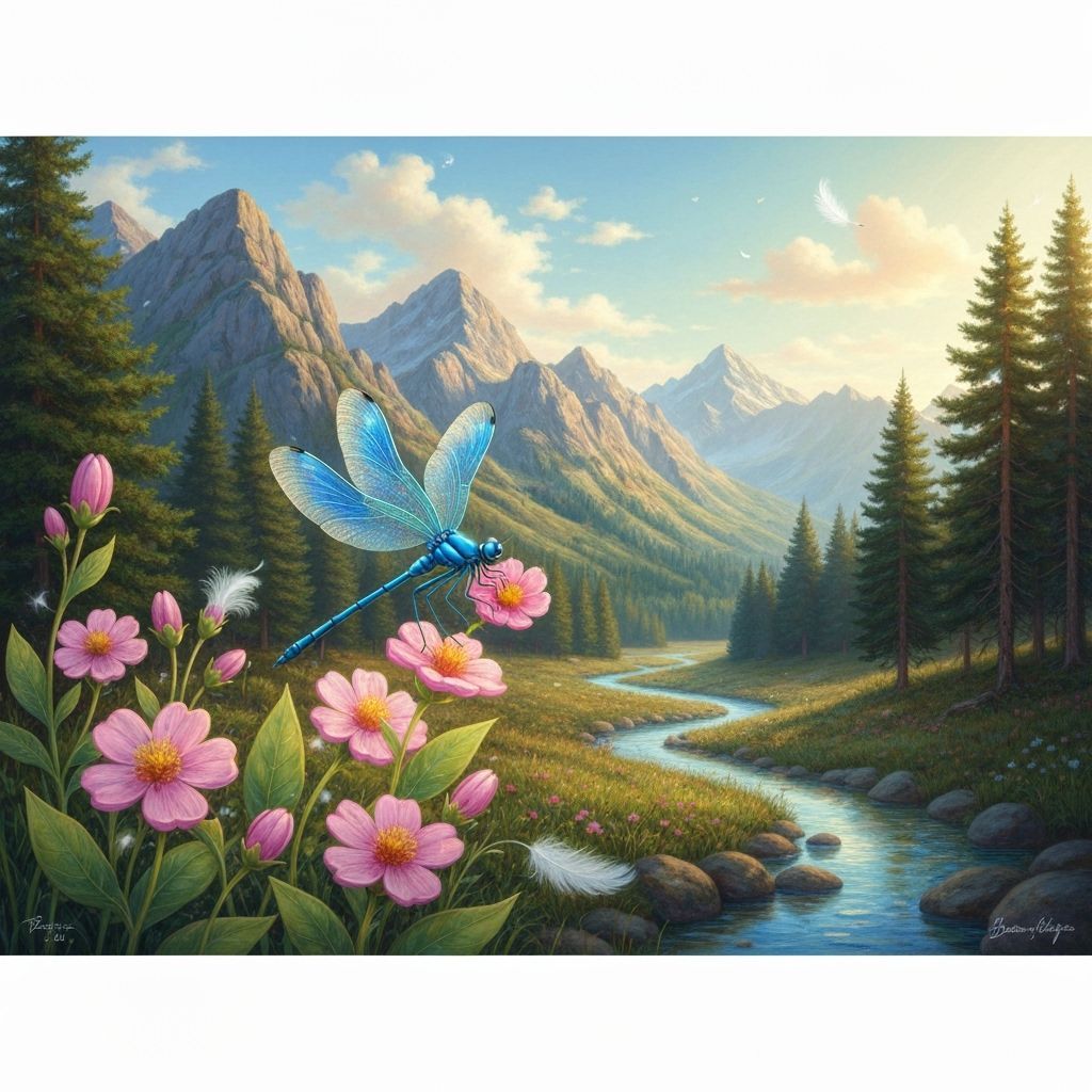 Dragonfly Among Flowers in Impressionistic Style