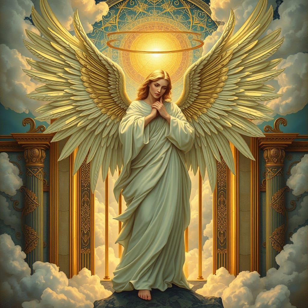 Angel Standing Before Golden Pearly Gates in Art Nouveau Sty...