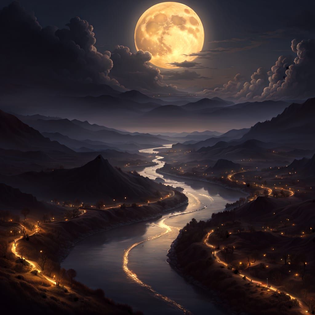 River and Moonlit City Digital Painting