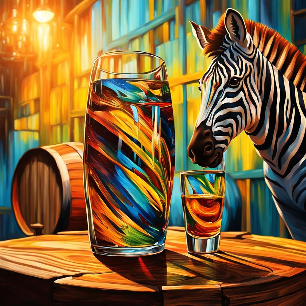 Zebra in Distillery: Vibrant Expressionist Oil Painting
