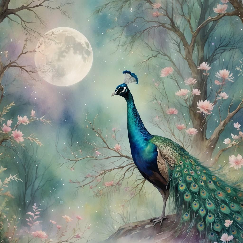 Ethereal Peacock in Enchanted Forest: Impressionistic Pastel...