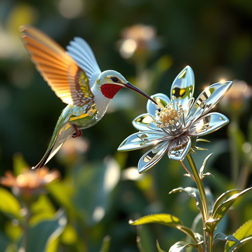 Surreal Chrome Hummingbird Dances Amidst Glittering Metallic...