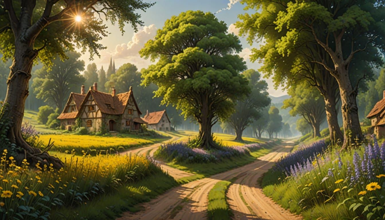 Medieval Fantasy Village Amidst Golden Countryside