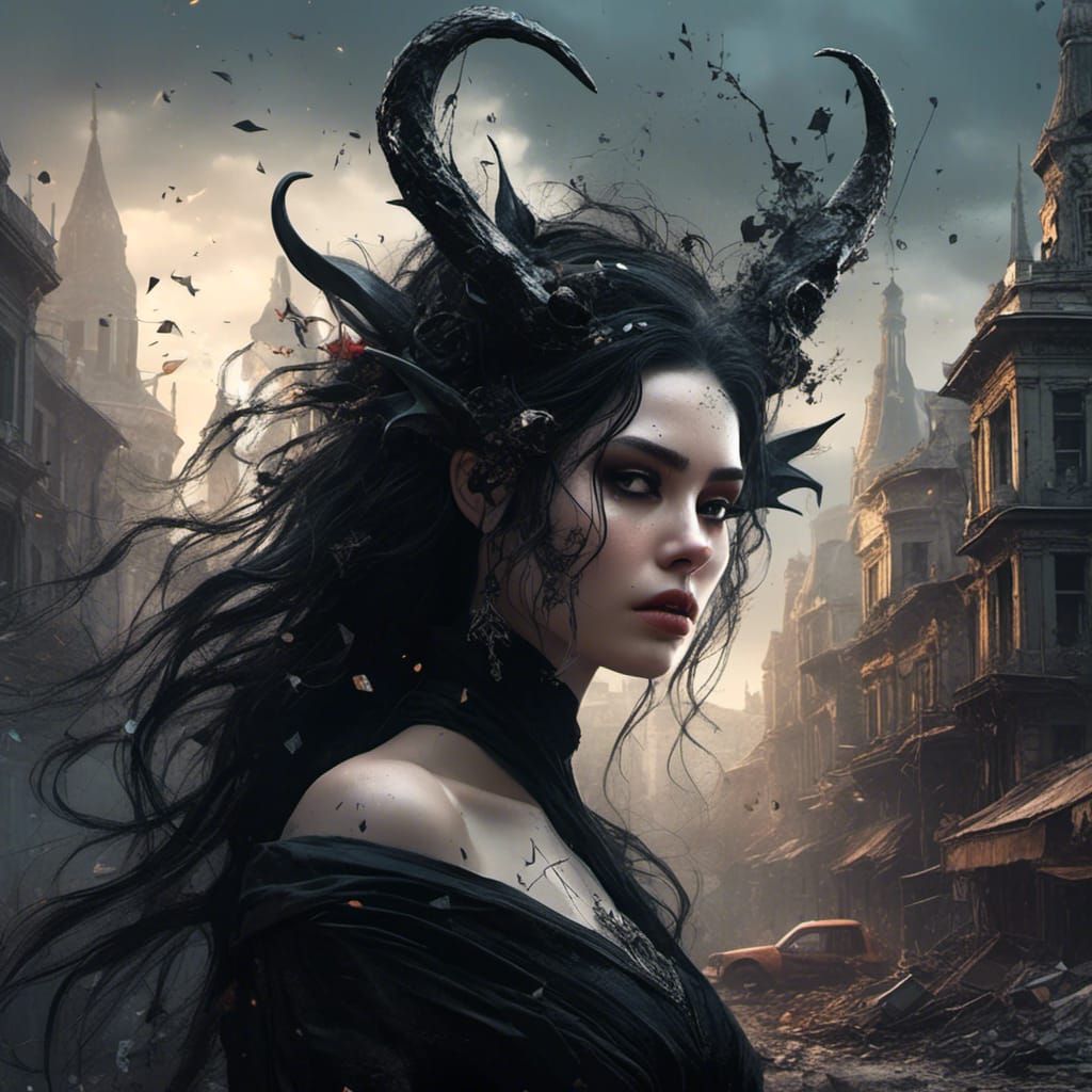 Gothic Woman with Horns in Abandoned City