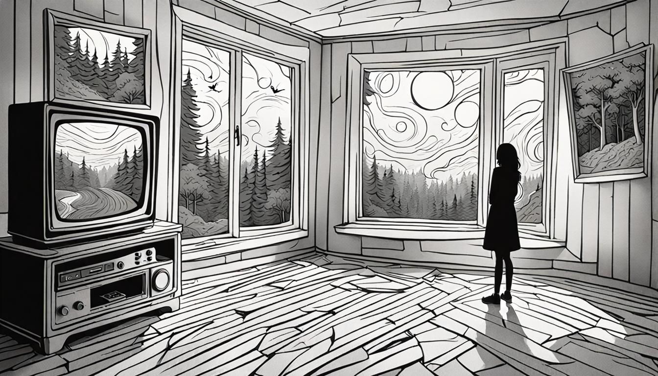 Surreal Contrast: Woman, Ruined Room, Colorful Nature