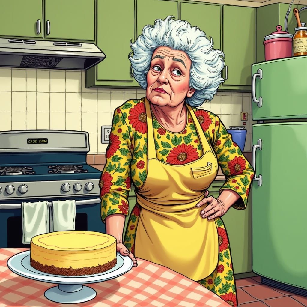 illustrated Caricature of Bea Arthur sporting a worn expression, rolls her eyes in exasperation,
cheesecake on the kitch...