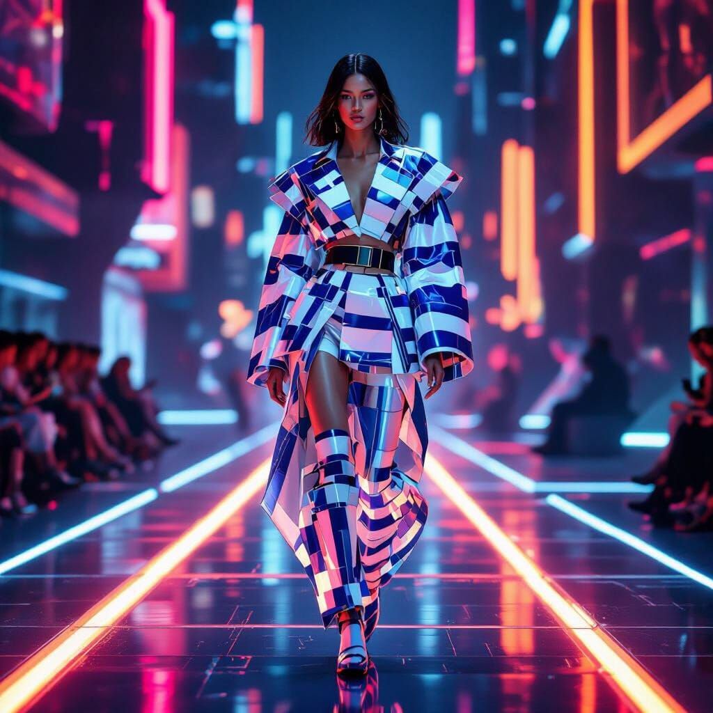 Avant-Garde Model on Futuristic Runway in Neon Noir Style