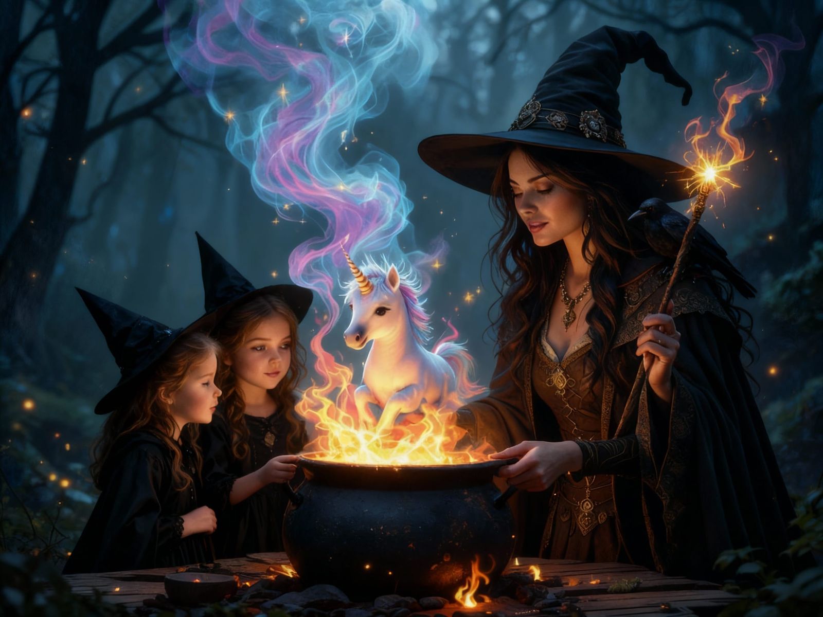 Witch Teaches Magic to Daughters with Baby Unicorn