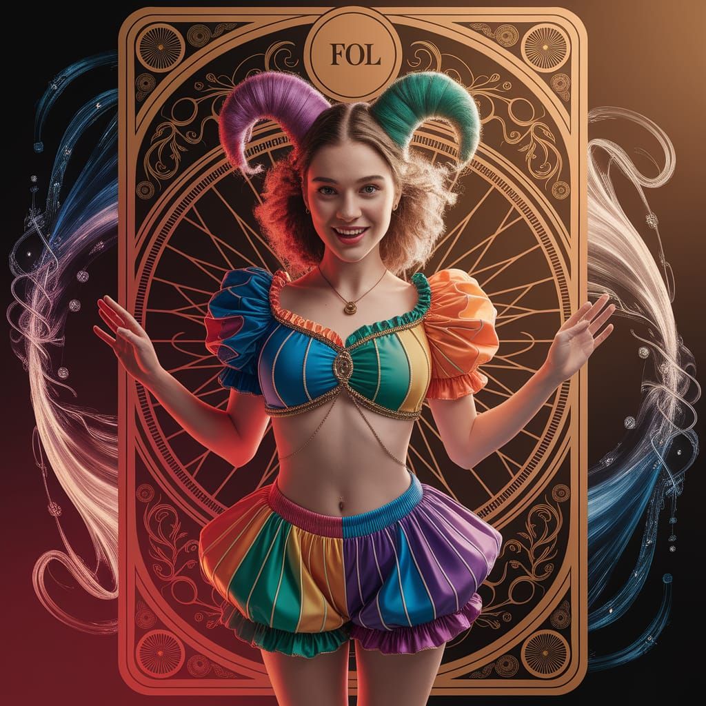The Fool Tarot Card Embodied in Harlequin Costume