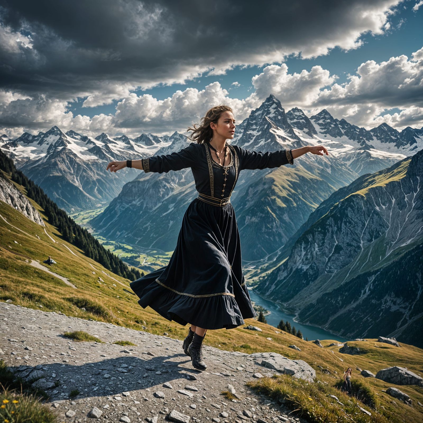 Woman With Braids Dancing in Swiss Alps