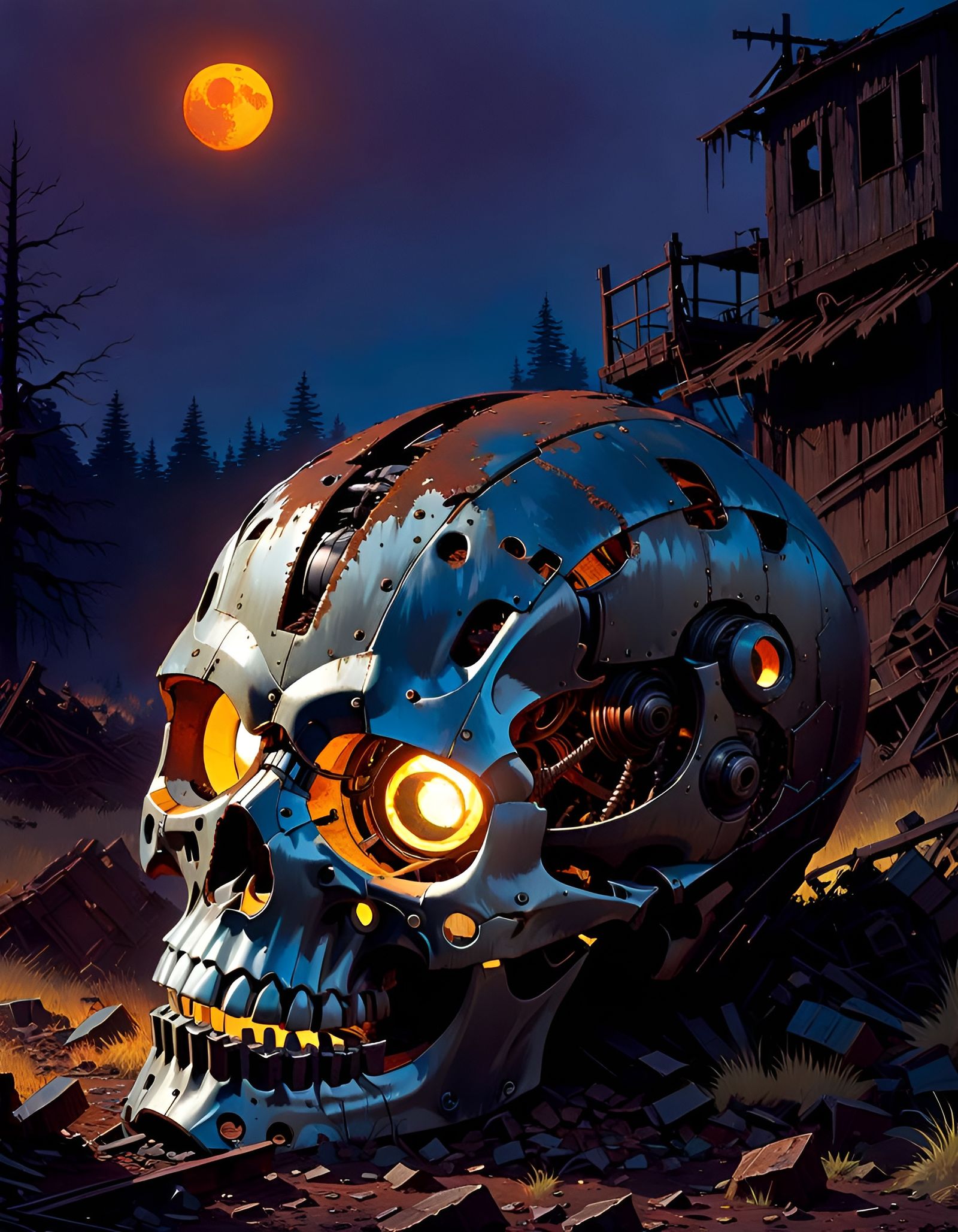 Giant Robot Skull in Twilight, Dark Fantasy Art