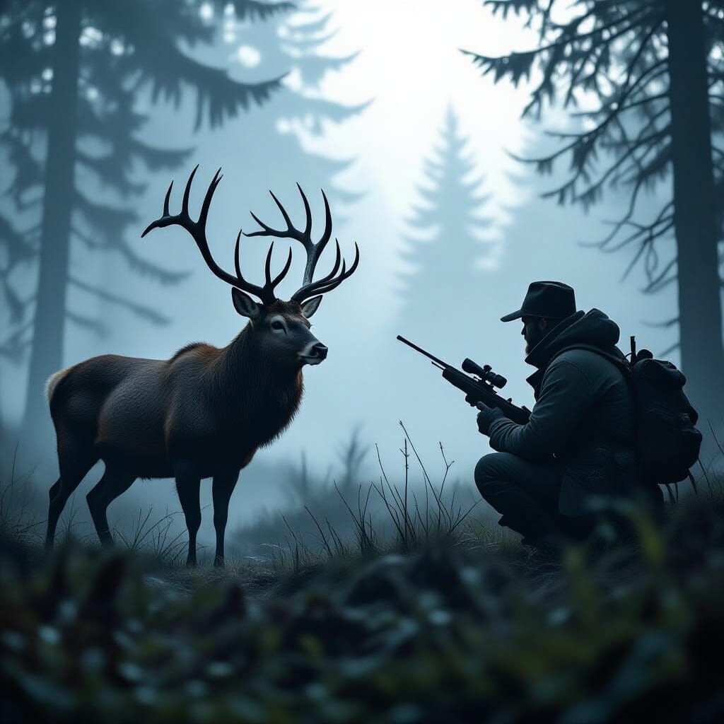 Stag and Hunter Face Off in Foggy Forest