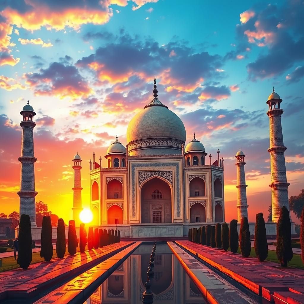 Taj Mahal Sunset in Hyperrealistic Splash Art