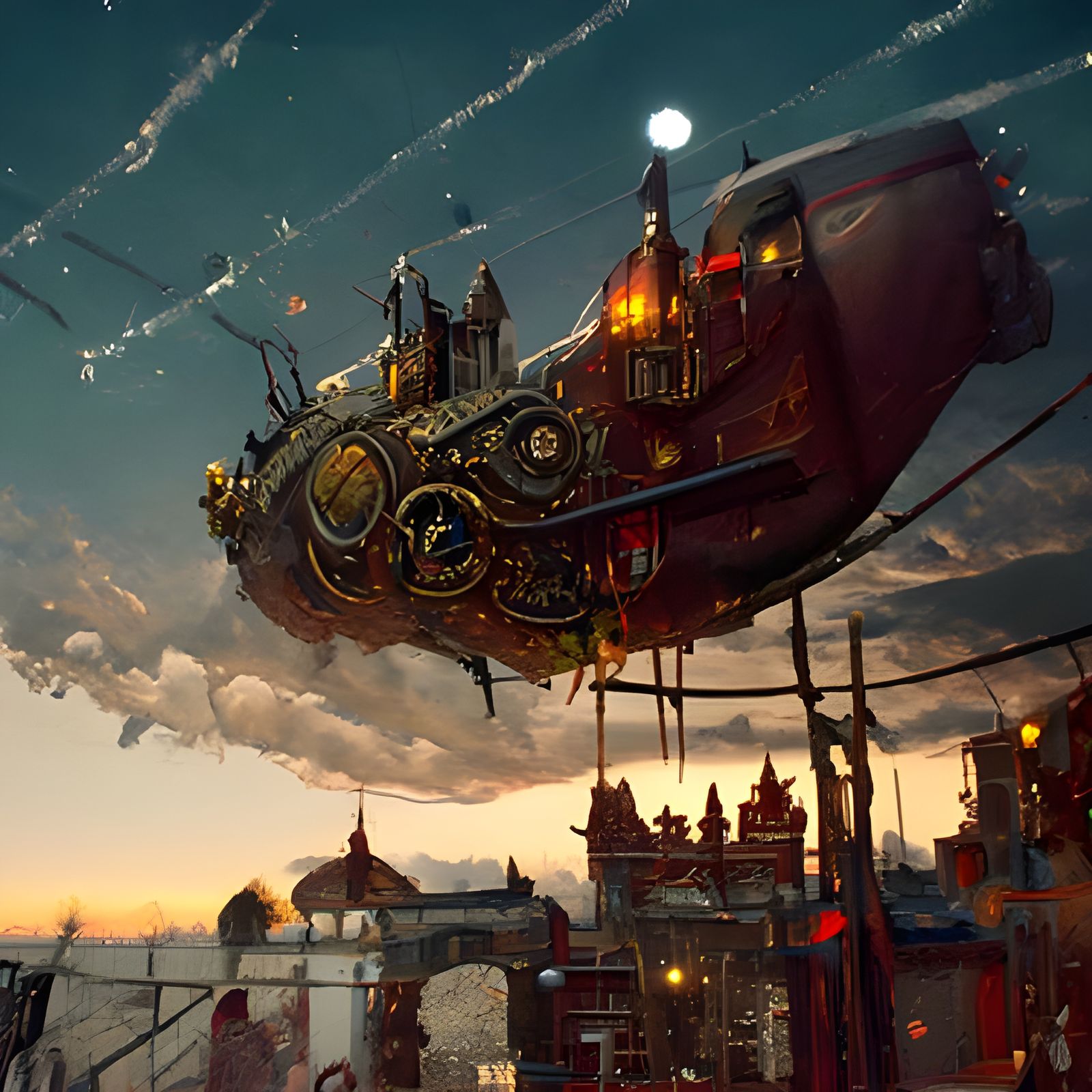 Steampunk Skyship Over Medieval City: Digital Illustration