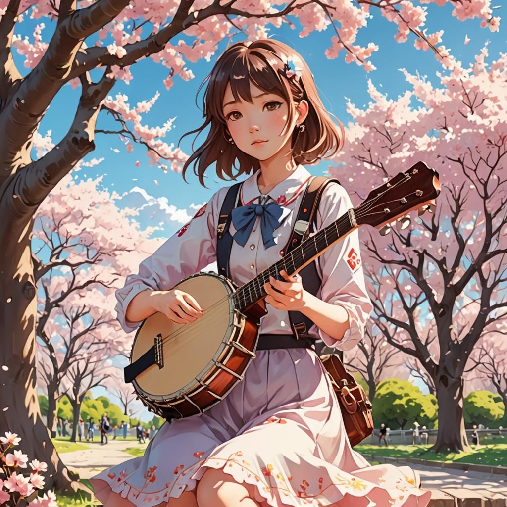 Anime Schoolgirl Plays Banjo in Cherry Blossom Park