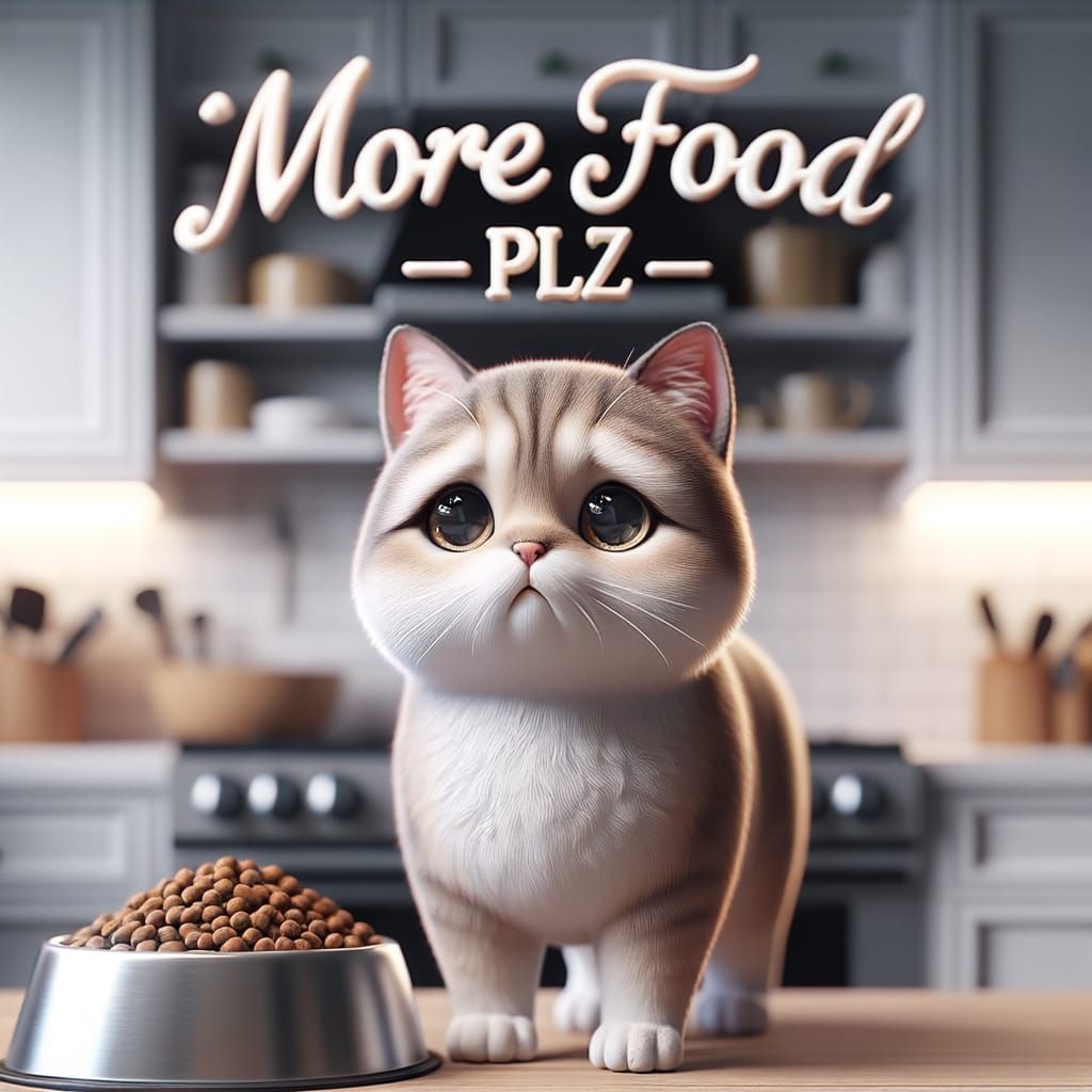 Chibi Cat Begs 'More Food Plz' in Kitchen